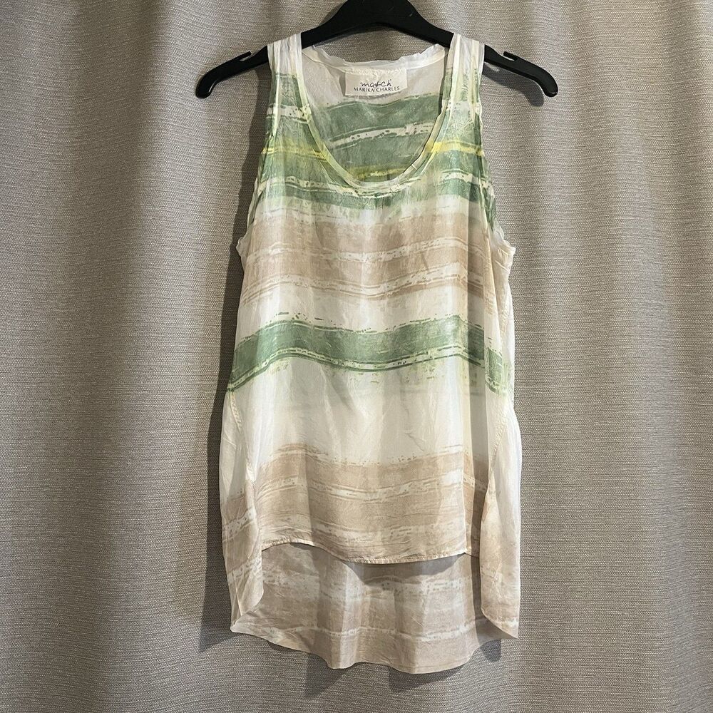 Ma+ch Marika Charles Match 100% Silk Tank Top Size 2 Green Beige Abstract